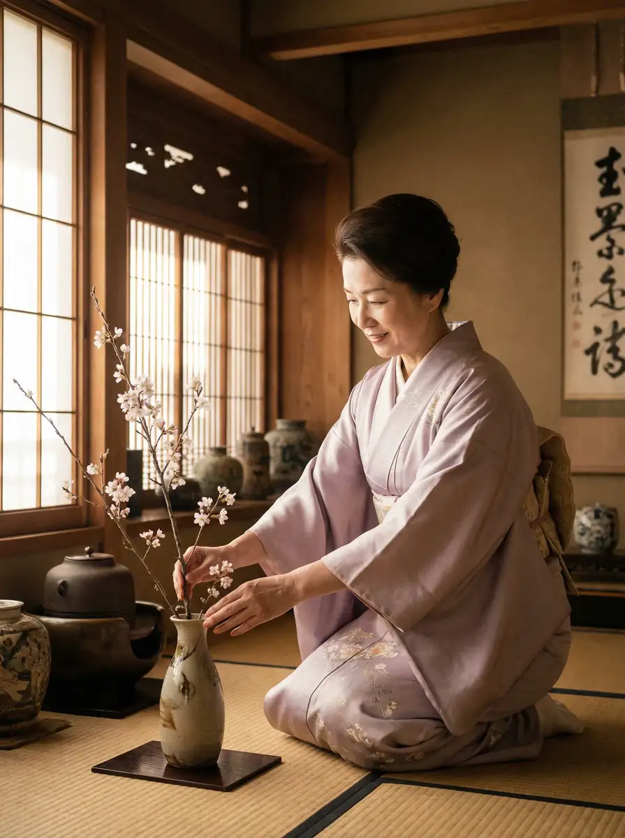 一位优雅的 永乐国际平台 在和室中插花